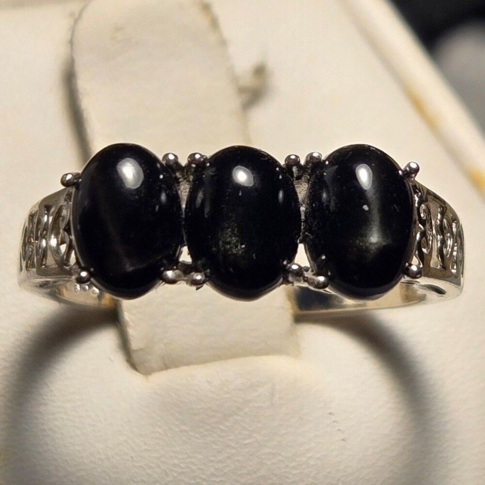 Black tiger eye stones vintage sterling silver ring sz 8.5